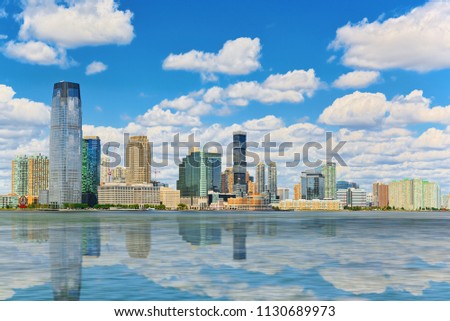 View from the water, from Hudson bay to Lower Manhattan. New York City Financial capital of America. USA.