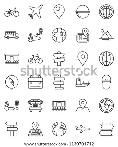 thin line vector icon set - camping cauldron vector, backpack, compass, school bus, world, bike, signpost, navigator, earth, map pin, Railway carriage, plane, ship, route, globe, mountain