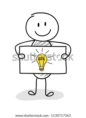 Funny stickman with bulb (idea symbol) icon. Vector.