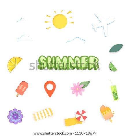 Summer clip art set. Handwritten lettering with sun, clouds, plane, ice-cream and other summer items isolated on white background.  Vector illustration.