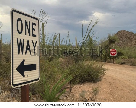 Signs in The Desert on both sides- One Way, and Wrong way (Do Not Enter)