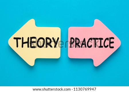 Theory vs Practice Concept written on paper arrows on blue background. Business concept. 