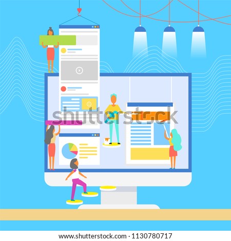 Computer developers, web designers improving internet pages by painting blocks, editing visual format, changing feeds, conceptual vector illustration
