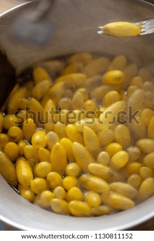 Boiling yellow silkworm cocoons by boiler to make silk thread.