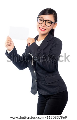 Asian Business woman hold the white card isolated on white background.