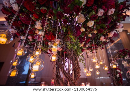 wedding decorations with flowers and candles. banquet decor. picture with soft focus