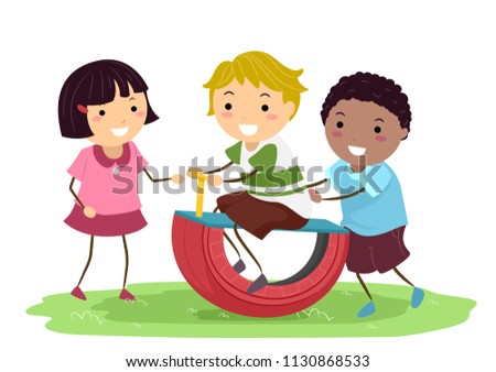 Illustration of Stickman Kids Using a DIY Tire Rocker in the Playground