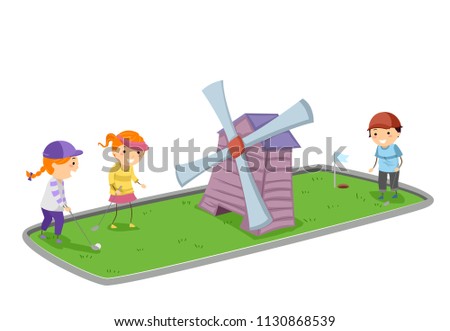Illustration of Stickman Kids Playing Mini Golf with a Wind Mill