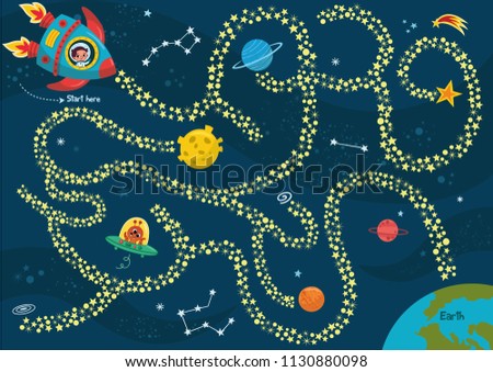 Can you help the astronaut to rich the Earth? Vector maze game for kids.