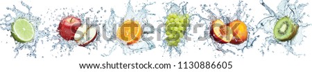 Fresh fruits panorama. Water splash  with dropes. 3d high resolution collage for skinali (glass panel). Isolated white background.