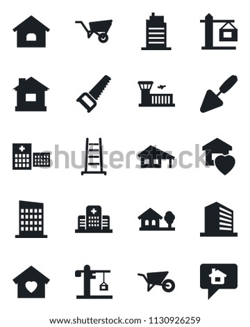 Set of vector isolated black icon - airport building vector, office, trowel, ladder, wheelbarrow, saw, house, hospital, with garage, tree, sweet home, city, crane, message