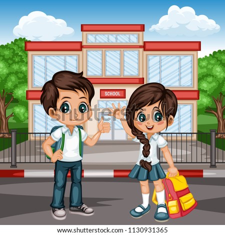 Cartoon Vector Illustration of a School Boy and Girl with Backpacks in front of School Building. Cute Students Waving and Showing Thumb Up. Back to School Cartoon Concept Royalty-Free Stock Photo #1130931365