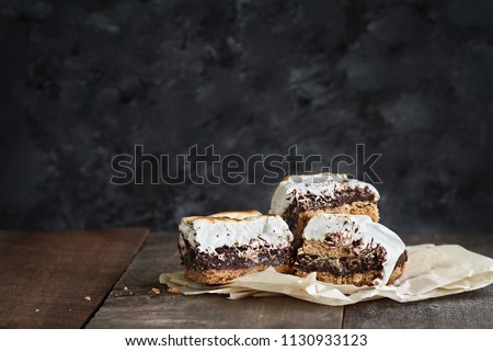 Delicious Smores Peanut Butter Brownie bars with free space for text. Extreme shallow depth of field with selective focus on smores bars in the foreground.