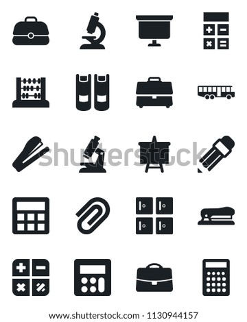 Set of vector isolated black icon - airport bus vector, checkroom, book, calculator, abacus, presentation board, microscope, case, paper clip, pencil, stapler