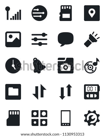 Set of vector isolated black icon - mobile vector, message, gallery, tuning, clock, stopwatch, bell, sd, network, folder, data exchange, torch, place tag, music, photo, cellular signal, application