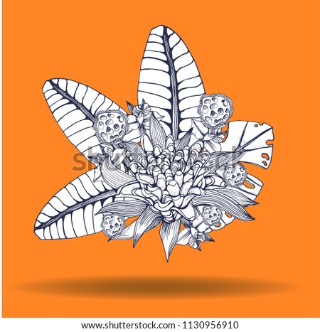 bouquet of tropical flowers, outline with white fill on a colored background, vector