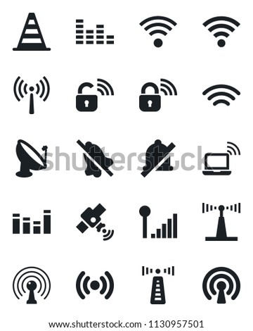 Set of vector isolated black icon - antenna vector, wireless notebook, border cone, satellite, equalizer, mute, cellular signal, lock