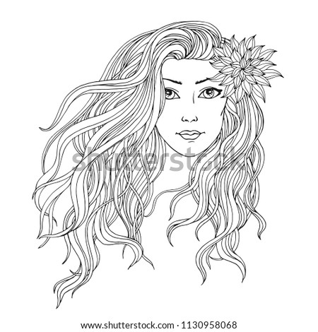 Young woman with streaming long hair, hand drawn linen black and white vector illustration for beauty salon, coloring book, hairdresser, label, beauty concept.