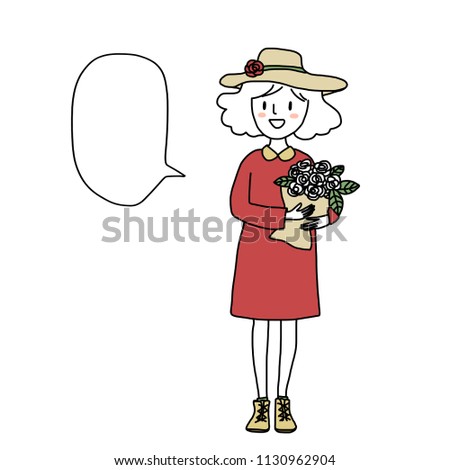 Portrait of cute girl smiling and holding bouquet of roses. Blank word balloon included. Greeting card, birthday card or thank you card for person who love flowers. Hand-drawn style vector.