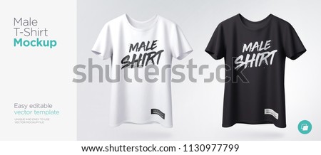 Men's white and black t-shirt with short sleeve mockup. Front view. Vector template. Royalty-Free Stock Photo #1130977799