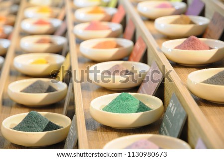 Colorful salt in Sio Business Dormitory, Tainan, Taiwan.(Sio House, Salt Museum)/translation meaning : 366 birthday lucky meaning on card.