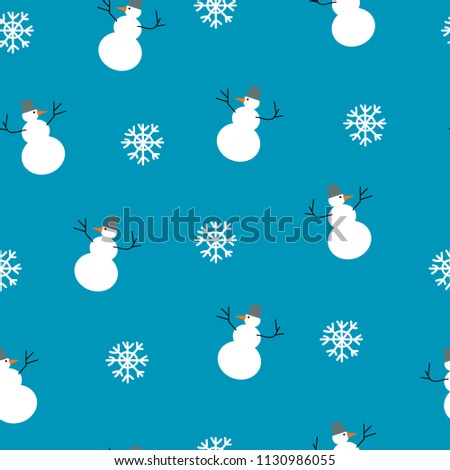 Seamless pattern with snowmans and snowflakes on blue background