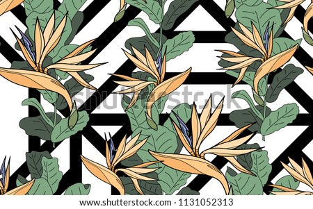 Paradise bird flower and ficus. Palm leaves and exotic flowers composition. Vector illustration. Botanical seamless background. Digital nature art.