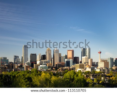 Stunning shot of Calgary skyline with a lot of copy space left intentionally. Royalty-Free Stock Photo #113110705