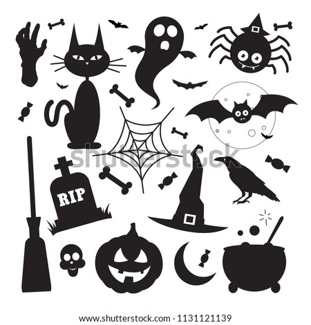 Black silhouette Halloween vector elements icons set