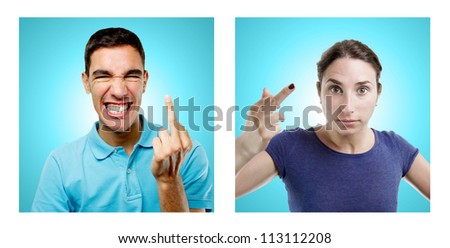 Young couple (man and woman) portraits over light blue gradient background