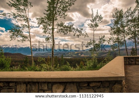 Canadian landscape, with Rocky Mountains on background, in Maligne Overlook, Jasper National Park, Alberta.