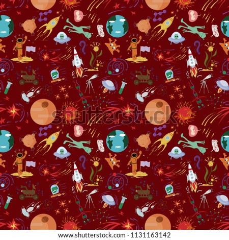 seamless pattern children vector drawings in the style of flat on the space theme, planets, cosmonauts, aliens, rockets, DNA, space exploration technical means