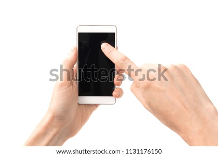 Hands touching smartphone with black screen isolated on white background
