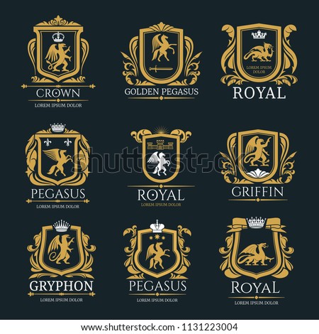 Heraldic royal coat of arms and heraldry signs set of Pegasus horse, Griffin bird or animal with golden crowns and stars. Vector isolated heraldic badges of mystic creatures in ornate shields