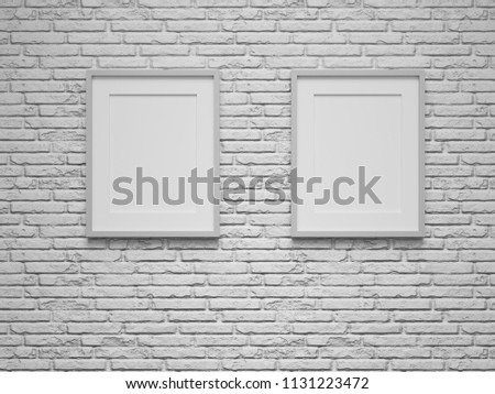 Blank black picture frame template for place image or text inside on white brick wall.