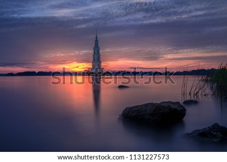 Flooded bell tower at dawn in Kalyazin