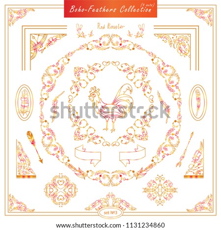 Vector boho, ethnic style elements for design. Ornamental vintage frame, borders, corners, square, arrows, dividers. Rooster, feathers, tribal beads, dreamcatcher, ribbon elements, red and orange