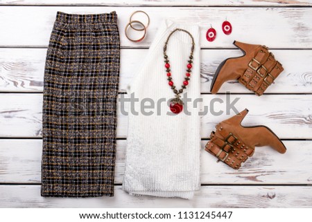 Checkered black colourful trousers. Autumn women's clothes set with accessories.