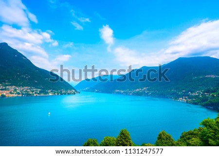 Como Lake panoramic landscape. Lake, Alps and Carate Laglio village view from Bellagio road. Italy, Europe.