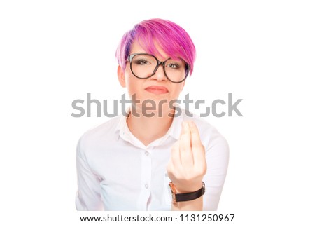 Portrait of a young girl young italian woman female with fingers together hand gesture asking What are you saying? Really? No way! Are you crazy? isolated on white background negative face expression