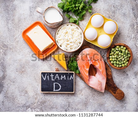 Healthy foods containing vitamin D. Top view Royalty-Free Stock Photo #1131287744