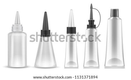 Glue packing. Realistic tubes and bottles for adhesive, tooth paste and cosmetic products. Isolated vector set. Container tube stick, bottle cosmetic illustration Royalty-Free Stock Photo #1131371894