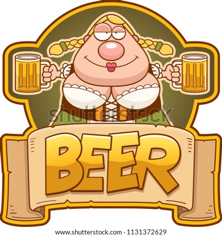 A cartoon illustration of a Oktoberfest woman with two mugs of beer.