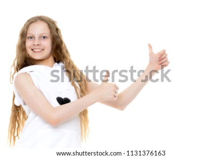 Beautiful teenage girl showing thumbs up. Concepts of education and school, youth culture. Isolated on white background.