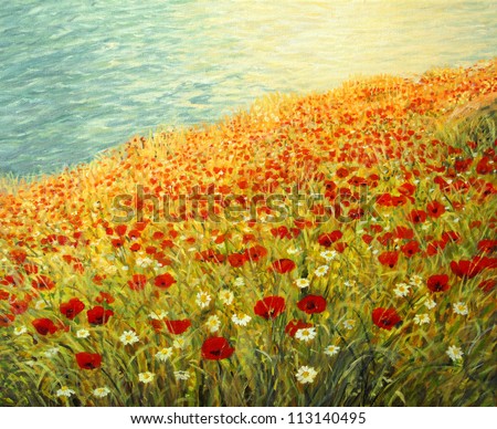 An oil painting on canvas of a tranquil scene at the sea coast. High above the water surface a carpet full of red poppies and white daisies is blooming in the late spring afternoon.