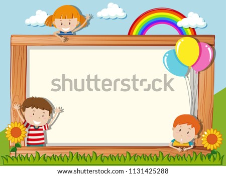 A wooden board with playful children illustration