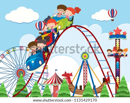 Children and rides at amusement park illustration