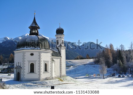 Trip in Seefeld, Austria. Picture of the Seekirchl chapel in winter. The popular motif found in countless photos about Seefeld.