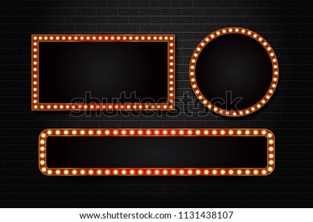 Vector set of realistic isolated retro rectangle neon marquee billboard for decoration and covering on the wall background. Concept of cinema and broadway. Royalty-Free Stock Photo #1131438107