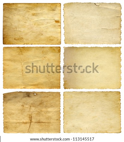 Concept or conceptual old vintage paper backgrounds set or collection isolated on white, ideal for antique, grunge, texture, retro, aged, ancient, dirty, frame, manuscript or material designs